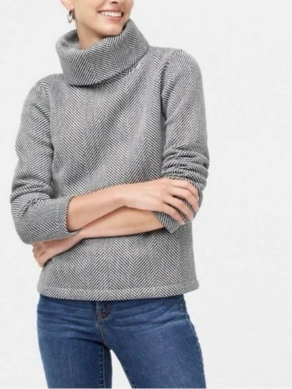 J. Crew Factory Black and White Herringbone Funnel Neck Sweater Size Large